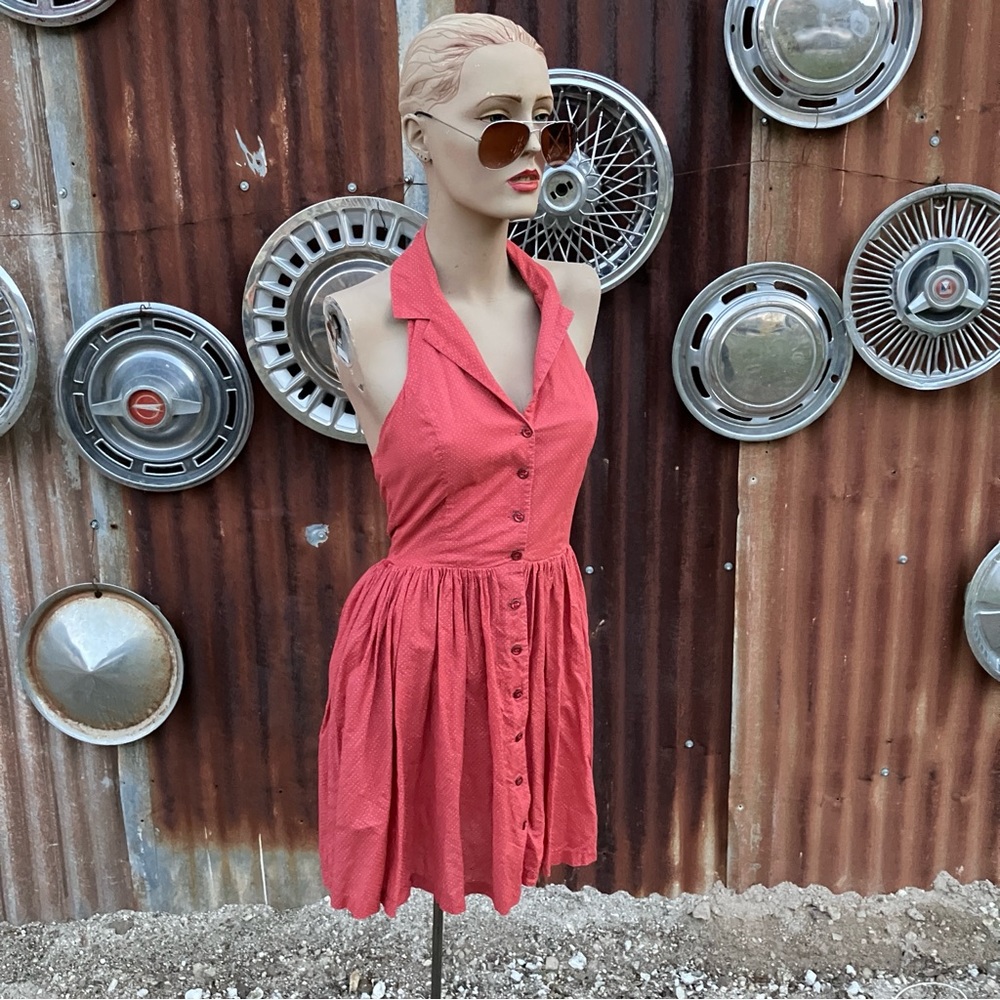 HOLLISTER Coral Salmon Pink Blue Polka Dots Vintage Halter Mini Dress Pockets